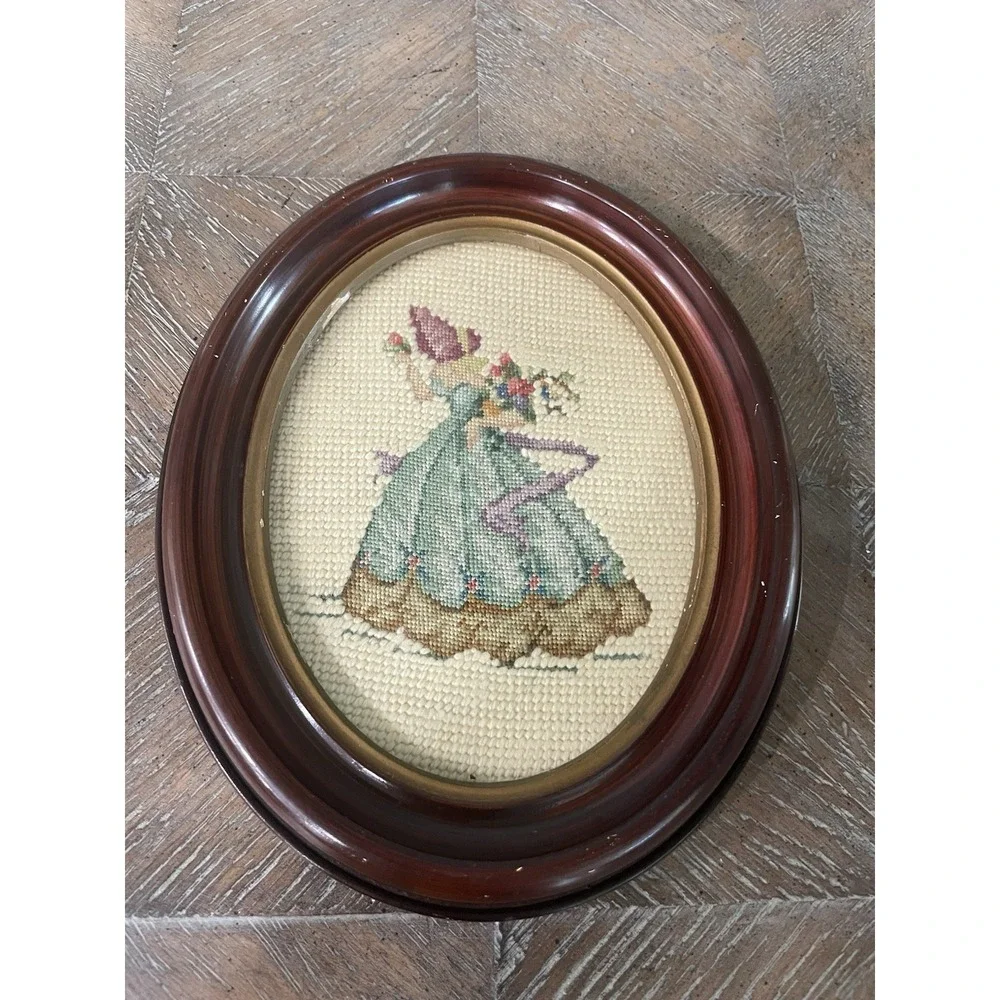 Antique Oval Picture Frame  Needlepoint Petit Point Victorian Woman Gallery Wall